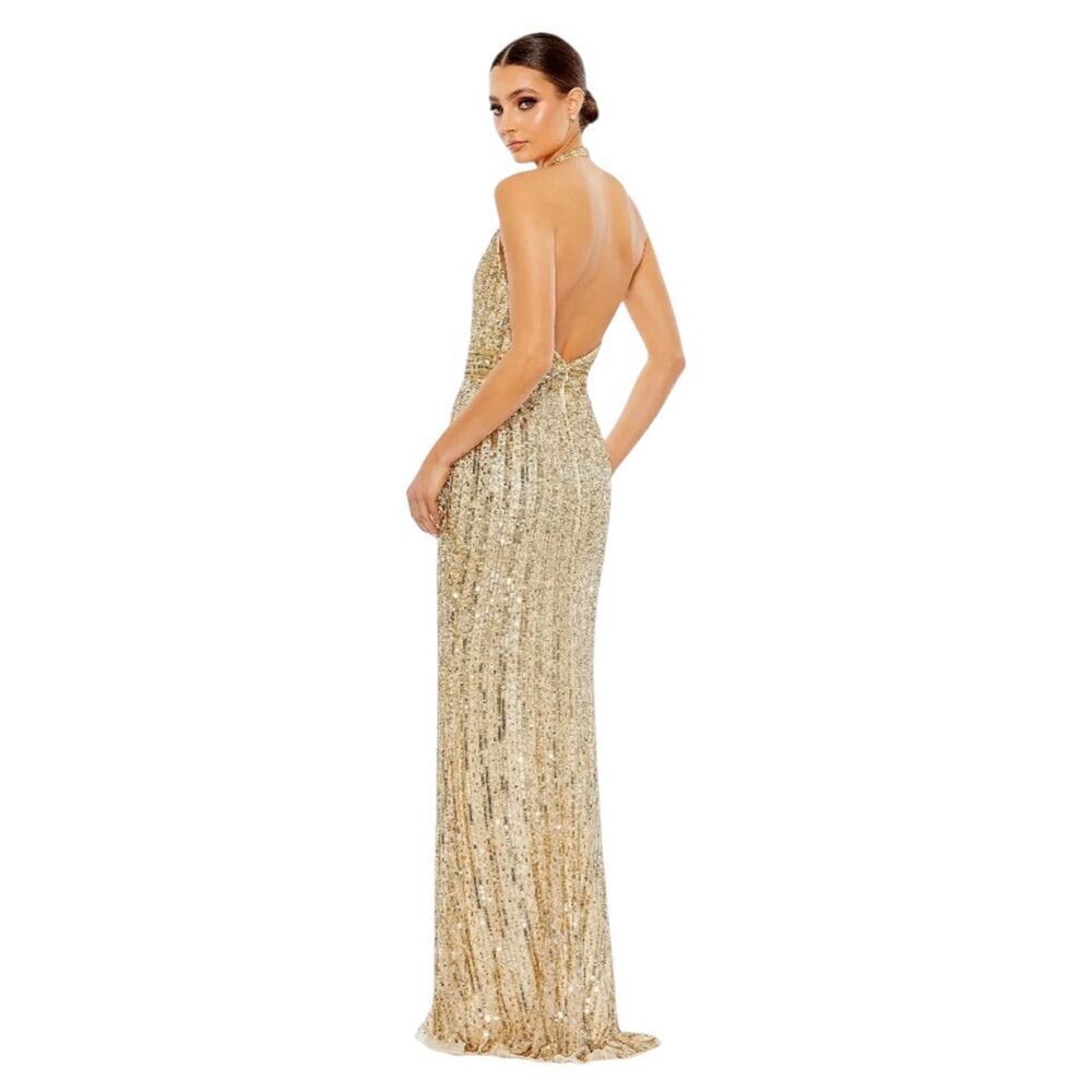 Mac Duggal 5759 Gold Sequined Halter Strap Trumpet Gown Size 16 $498 - Picture 3 of 11
